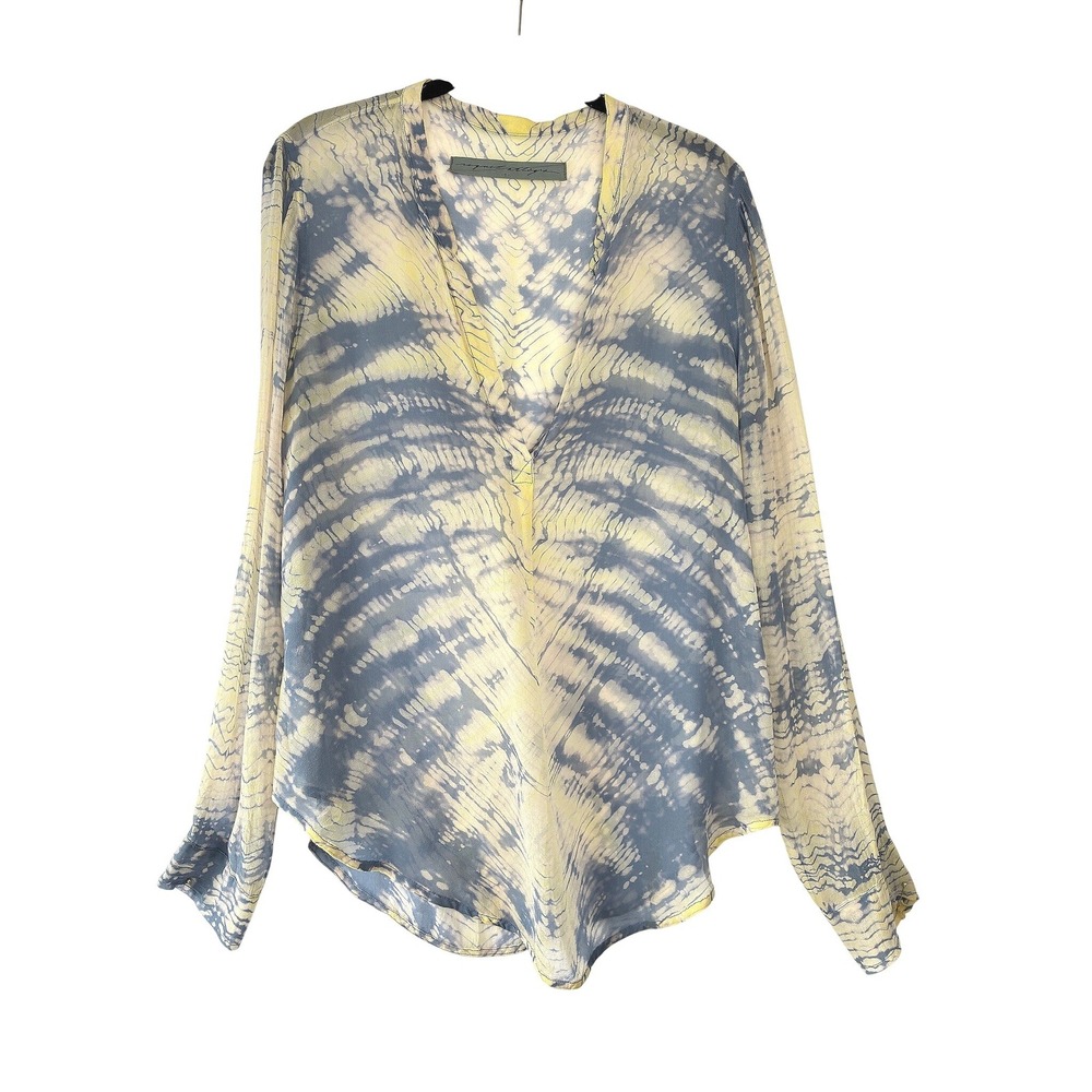 Raquel Allegra Blue Yellow Tie Dye Silk Chiffon V-Neck Henley Blouse Size 2 M